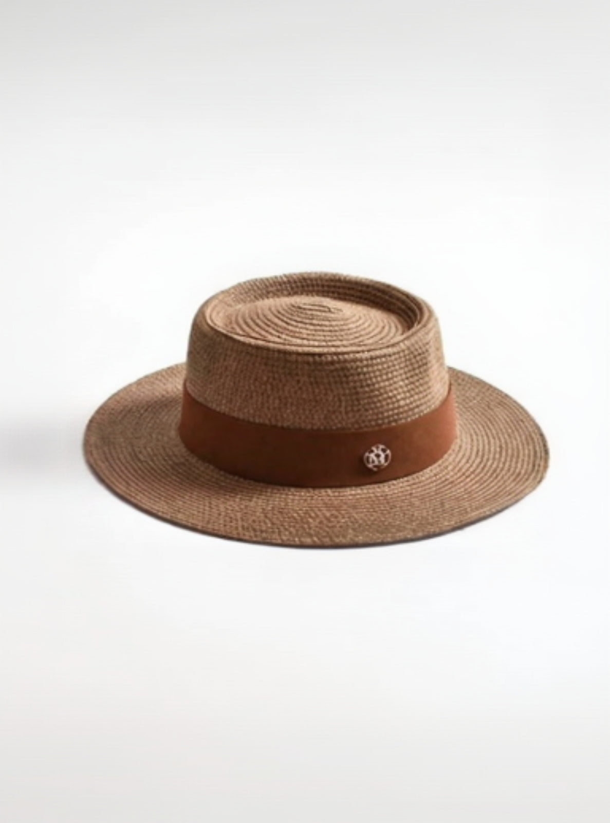 Brown straw hat with a brown band featuring a logo on a white background