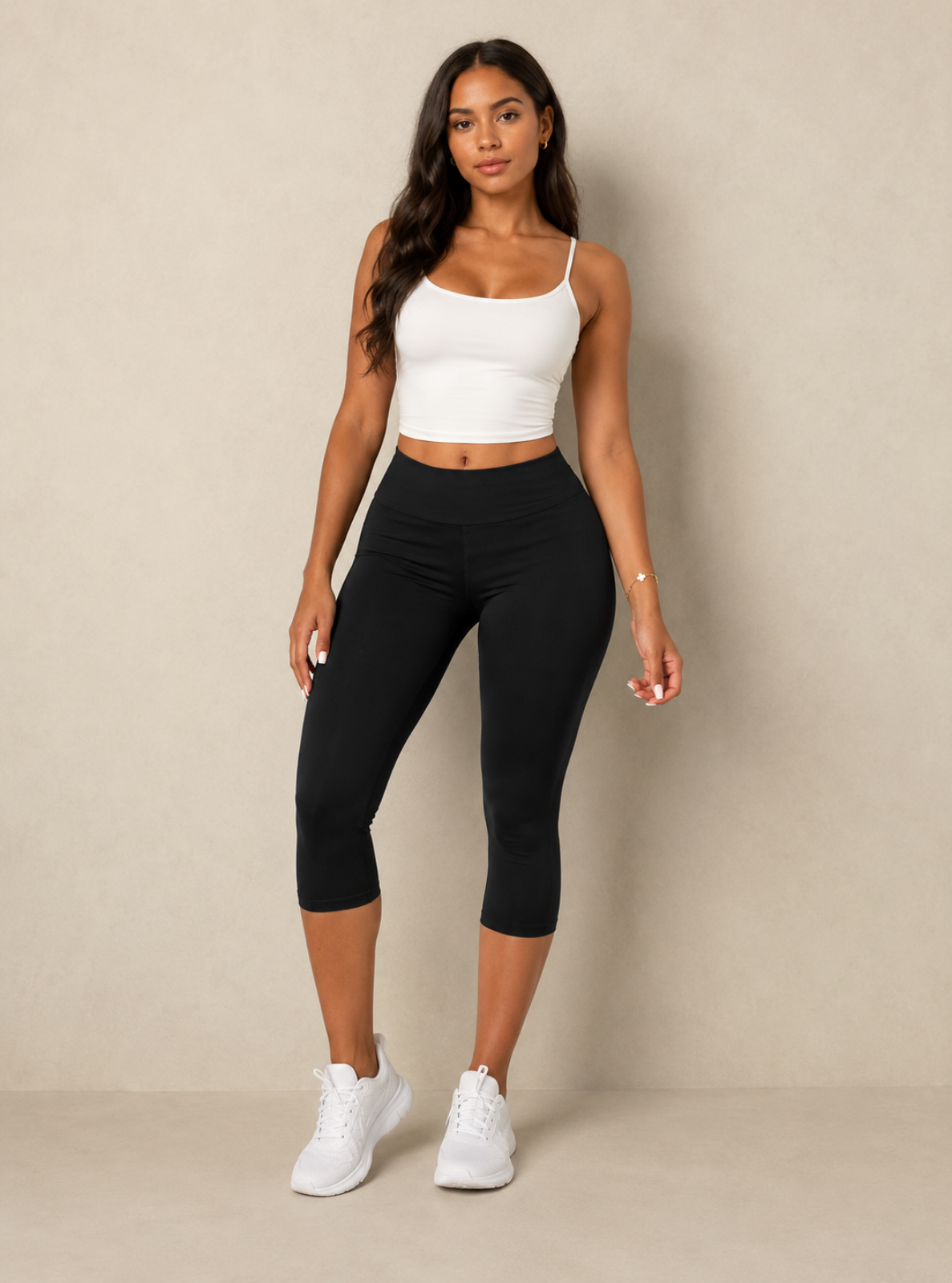 A woman modeling a white ribbed tank top and black high-waisted capri leggings with white sneakers, standing against a neutral beige studio backdrop.