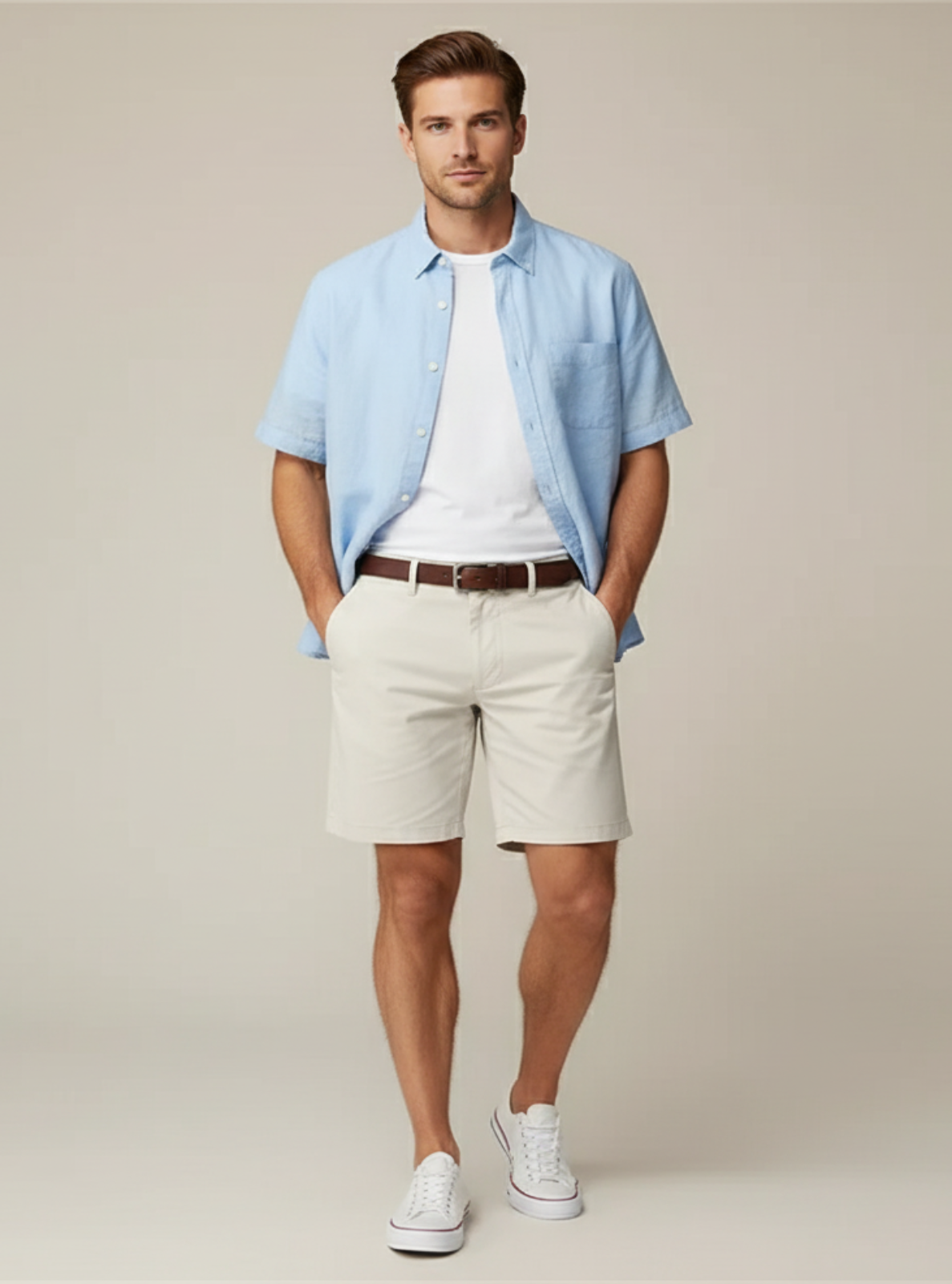 Man wearing a light blue shirt, white shorts, and white sneakers on a beige background