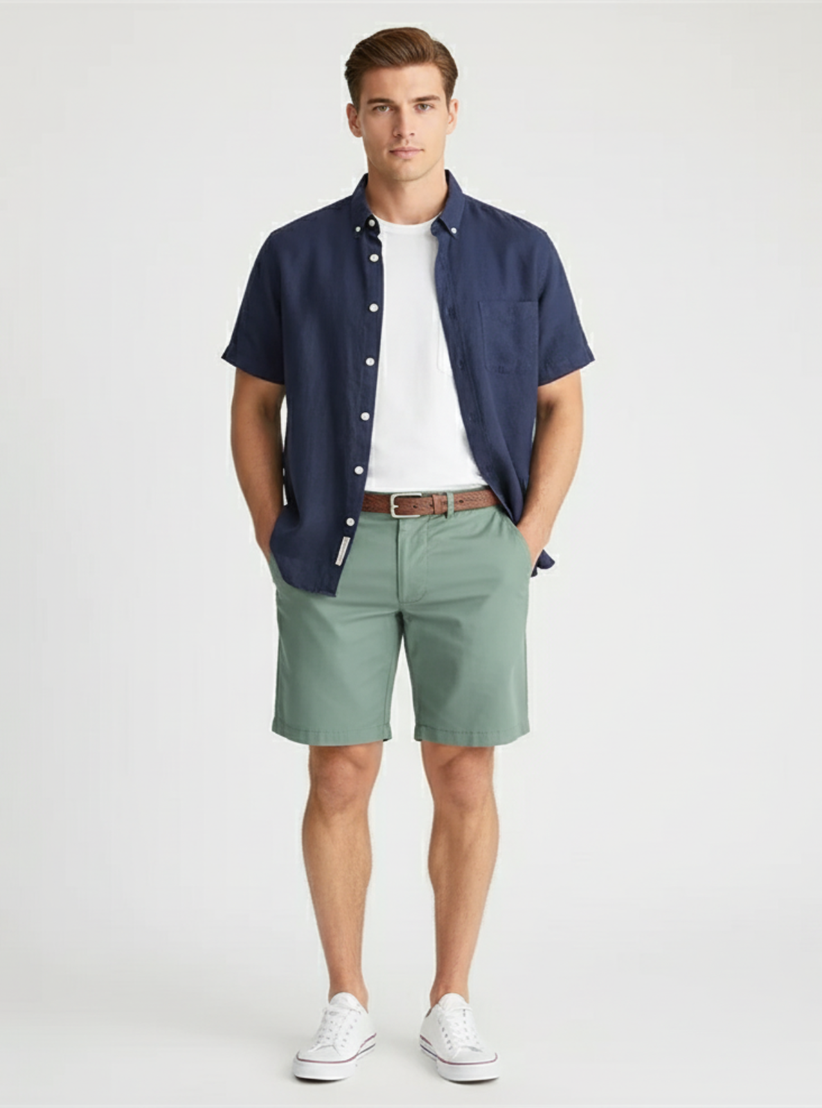 Man wearing a navy shirt over a white t-shirt, green shorts, and white sneakers on a light gray background