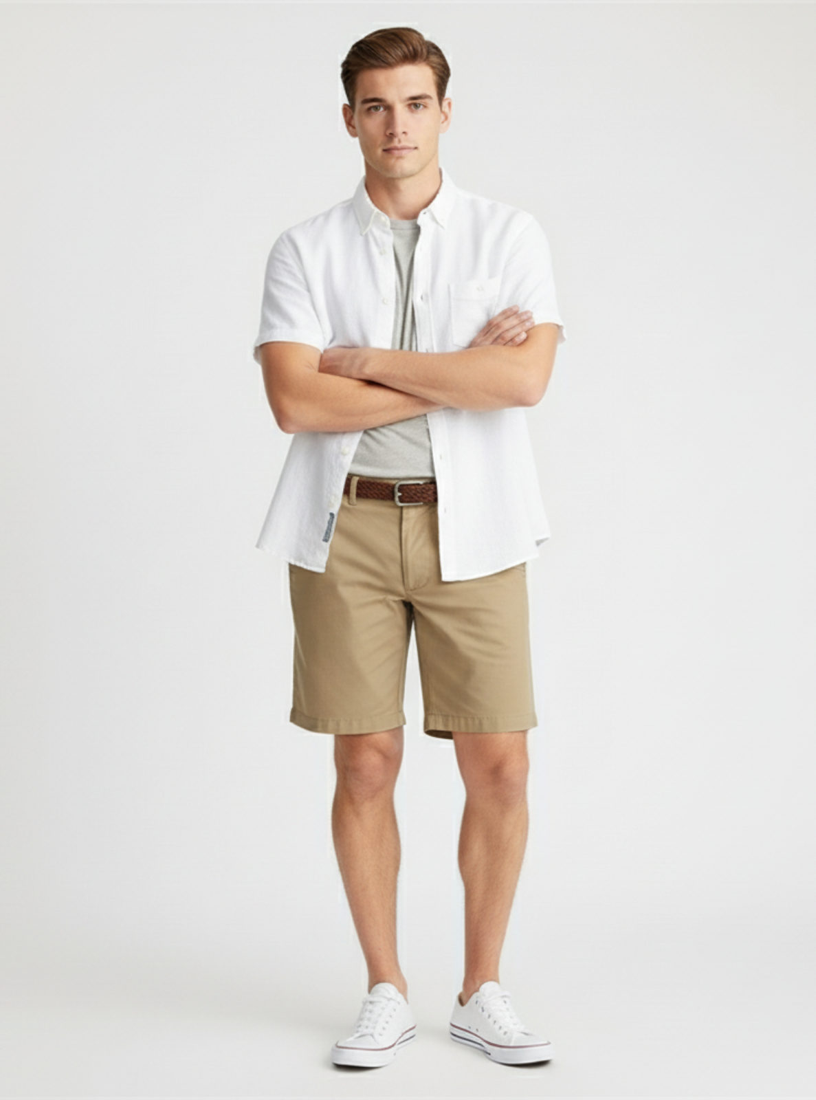 Man wearing a white shirt, beige shorts, and white sneakers on a light gray background