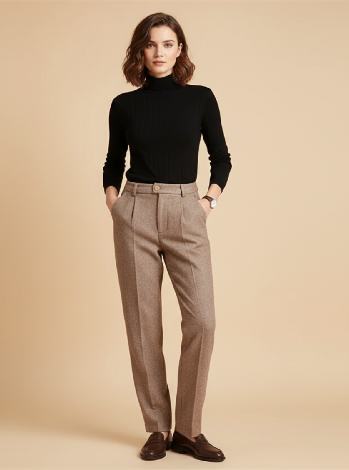 Woman wearing a black turtleneck and beige pants on a beige background