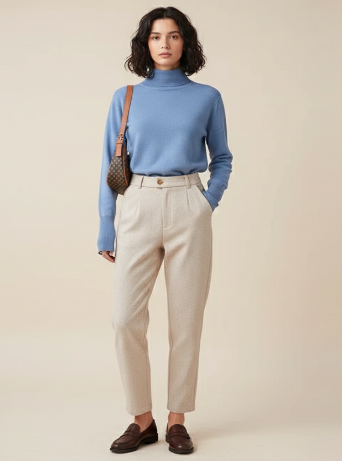 Woman wearing a blue turtleneck sweater and beige pants against a beige background