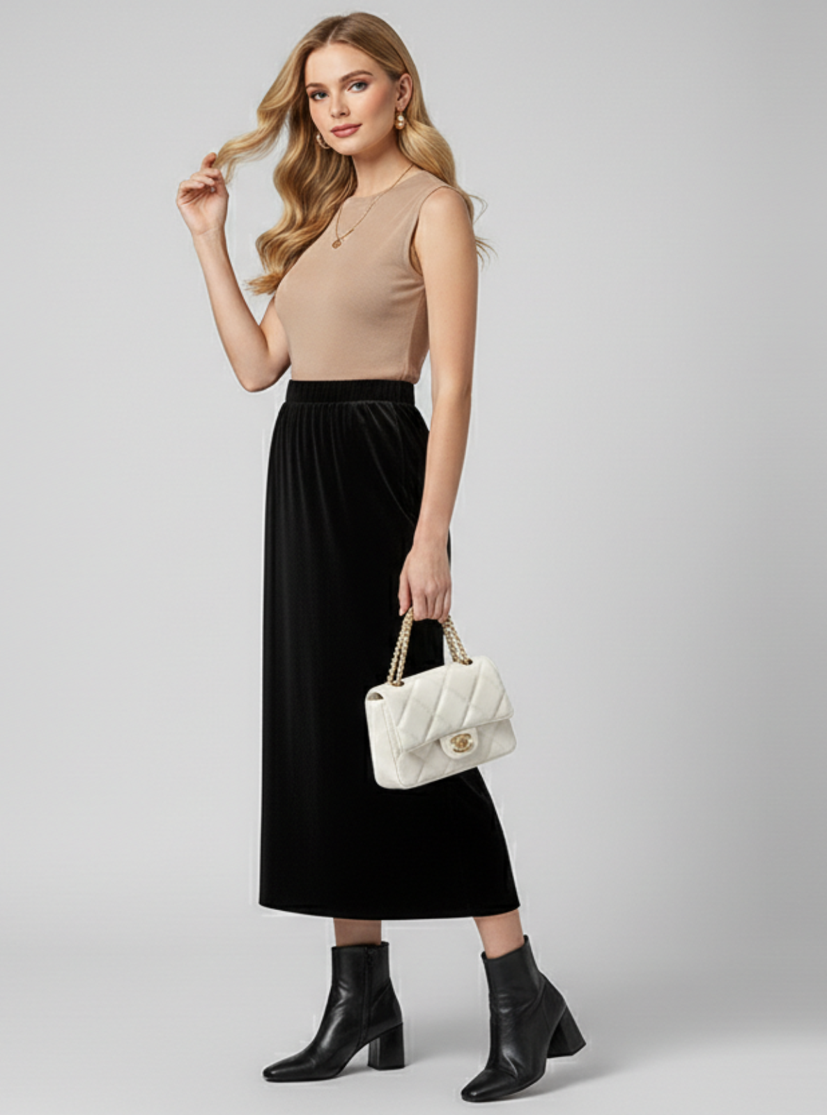 Woman in beige top and black skirt holding a white handbag on a gray background