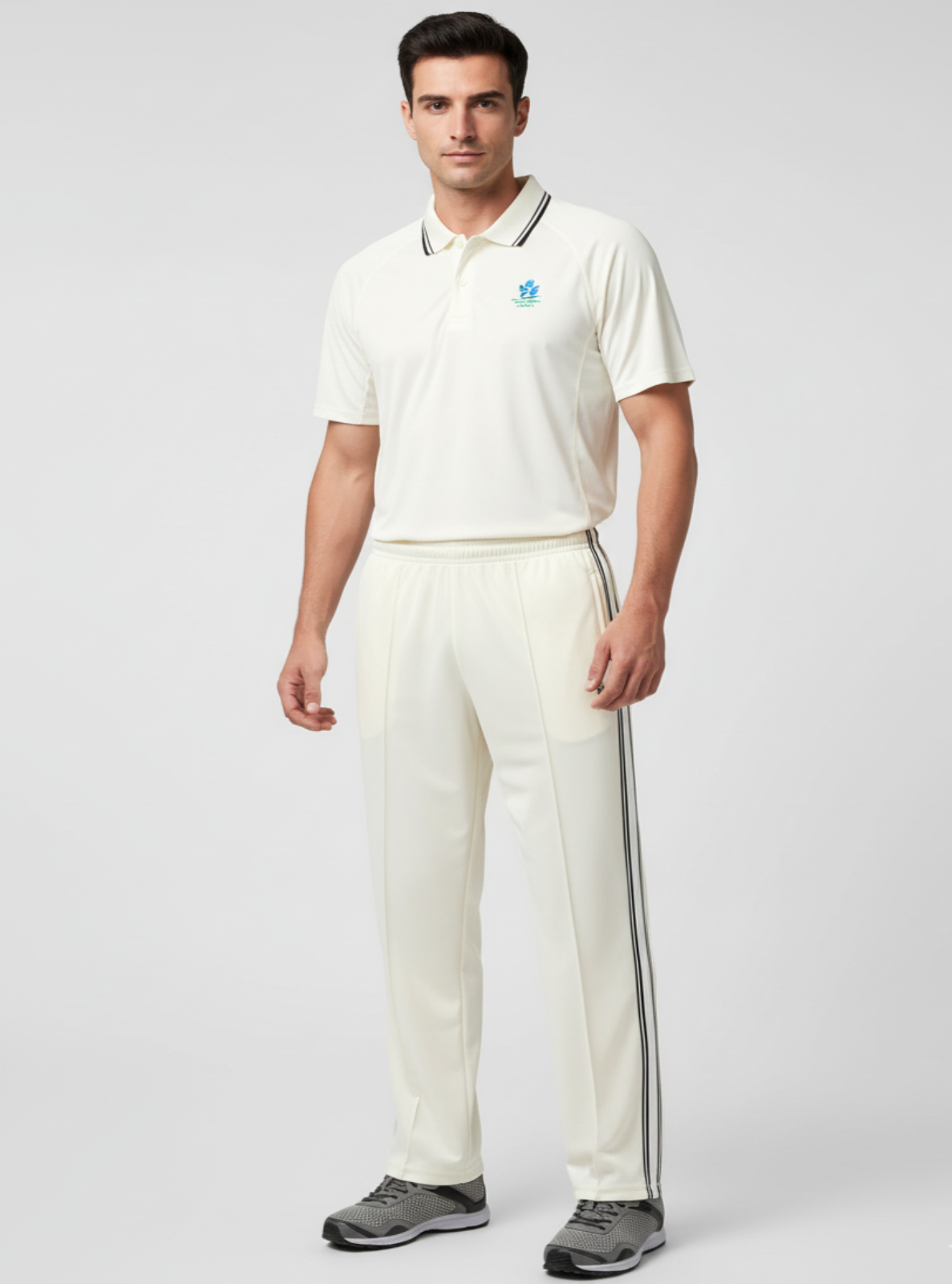 Man wearing a white cricket uniform with a logo on a light gray background