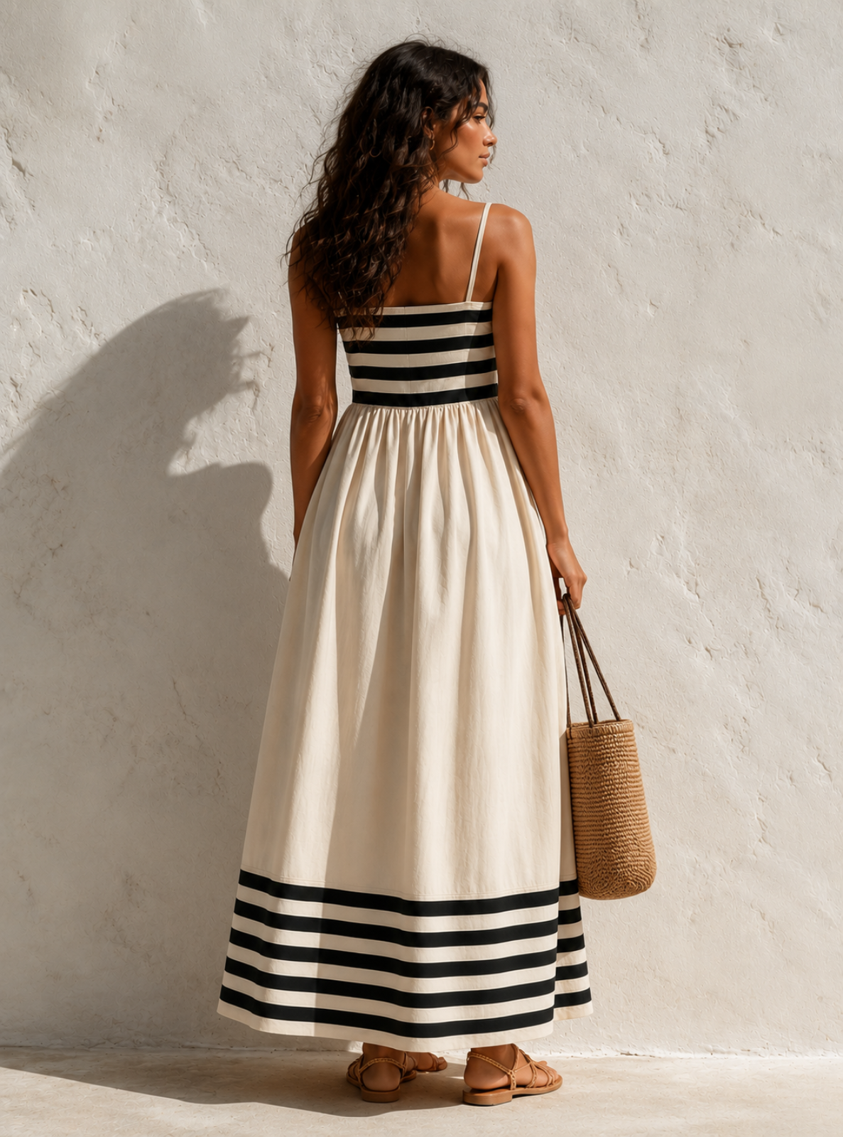 A woman stands with her back to the camera wearing a cream maxi dress with black horizontal stripes at the waist and hem, holding a woven straw bag against a textured white wall.