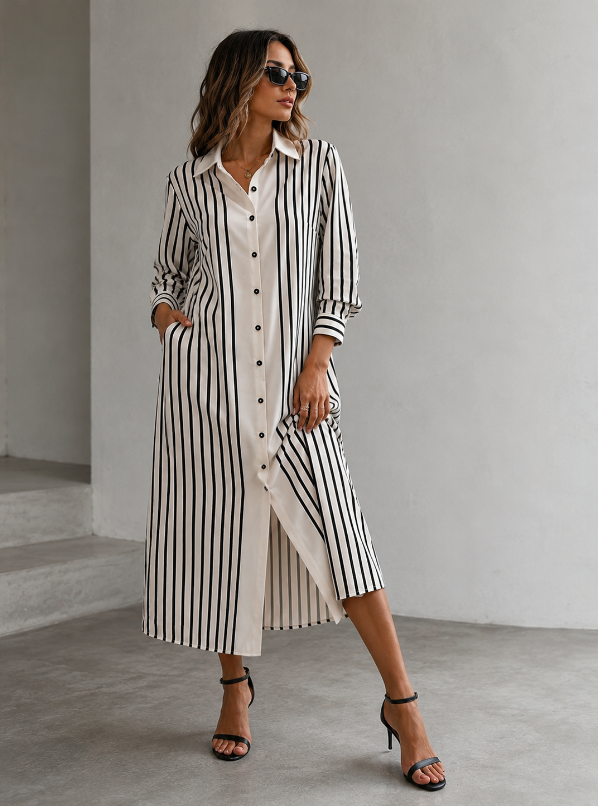 A woman models a long-sleeve midi shirt dress with vertical black stripes on an off-white background, styled with black strappy high-heeled sandals and sunglasses in a minimalist concrete setting.