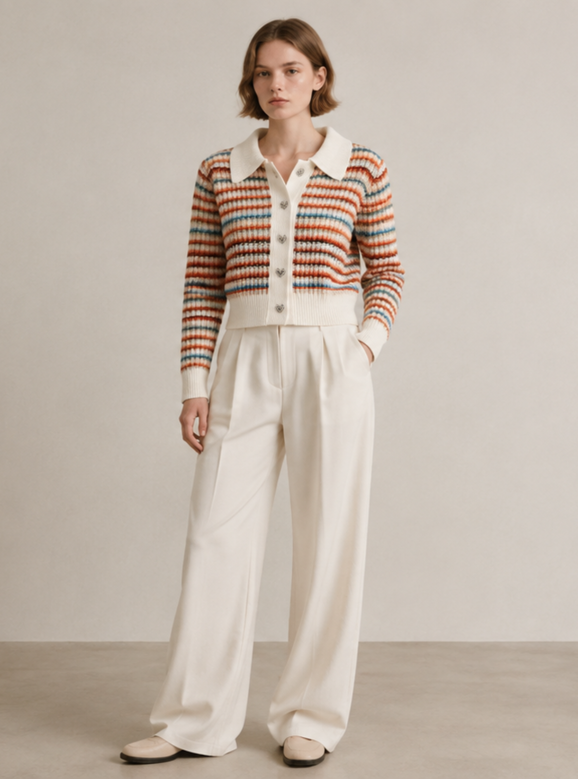 A woman stands in a minimalist studio wearing a cream knit polo cardigan with orange and brown stripes, paired with cream wide-leg trousers.