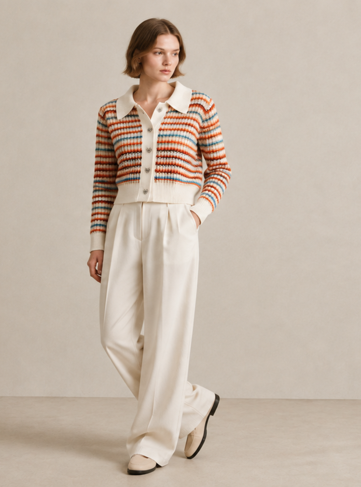 A woman models a striped knit cardigan with white wide-leg trousers, standing against a neutral beige studio backdrop.