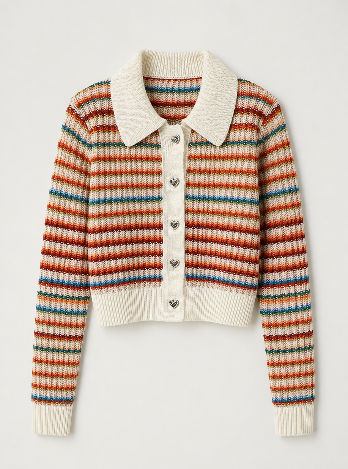A cropped knit cardigan sweater with horizontal stripes in orange, blue, and green on an off-white base, featuring a solid off-white collar and heart-shaped metal buttons down the front.