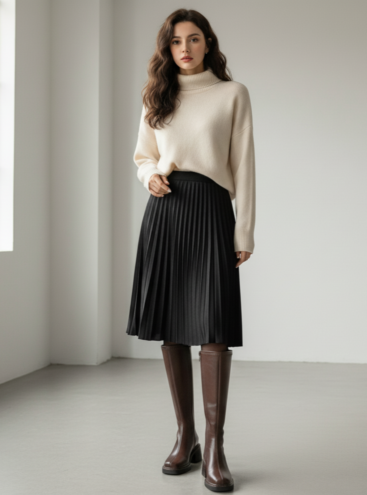 Woman wearing a cream sweater, black pleated skirt, and brown boots in a minimalistic room.