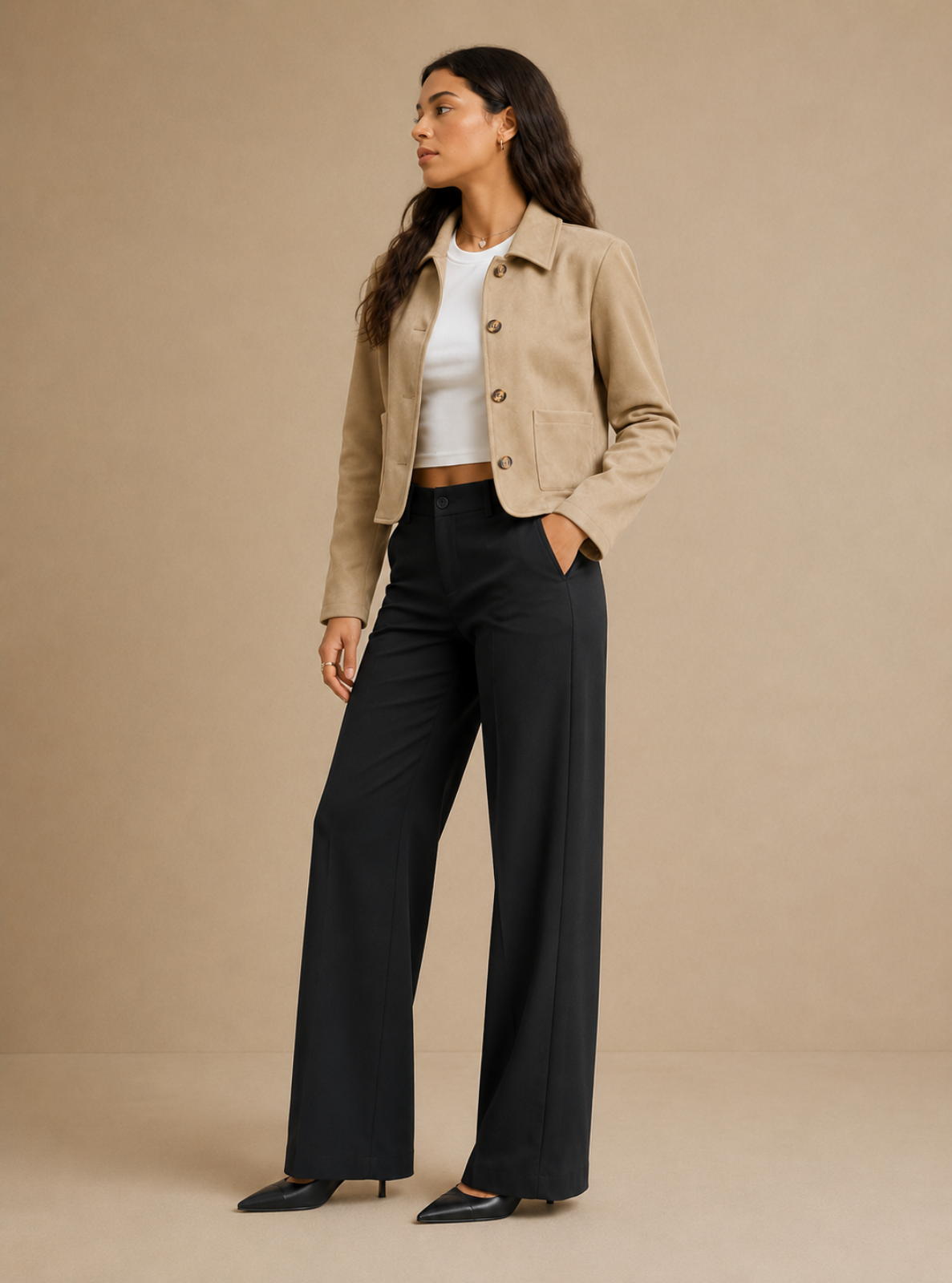A woman stands in a studio wearing a beige cropped jacket over a white cropped top, paired with black wide-leg trousers and black pointed flats, against a plain beige backdrop.