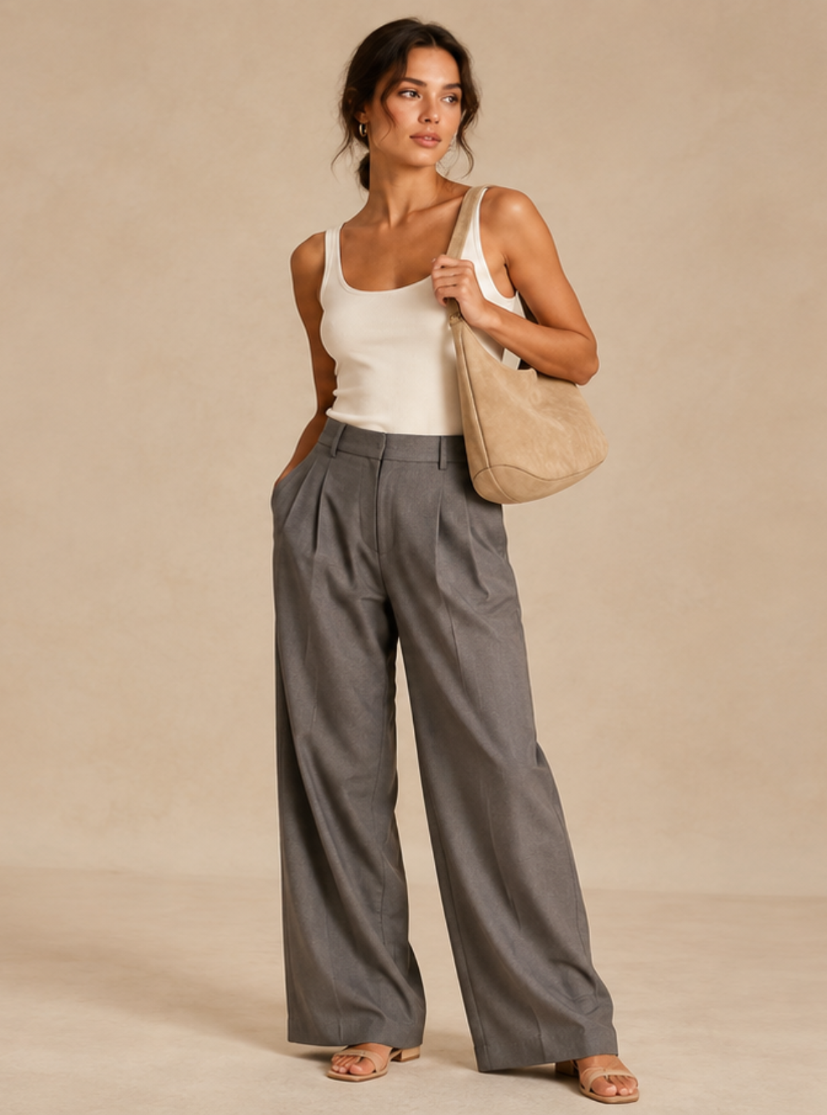 A woman stands in a studio wearing wide-leg gray trousers, a white tank top, and sandals, while carrying a beige tote bag against a warm beige backdrop.