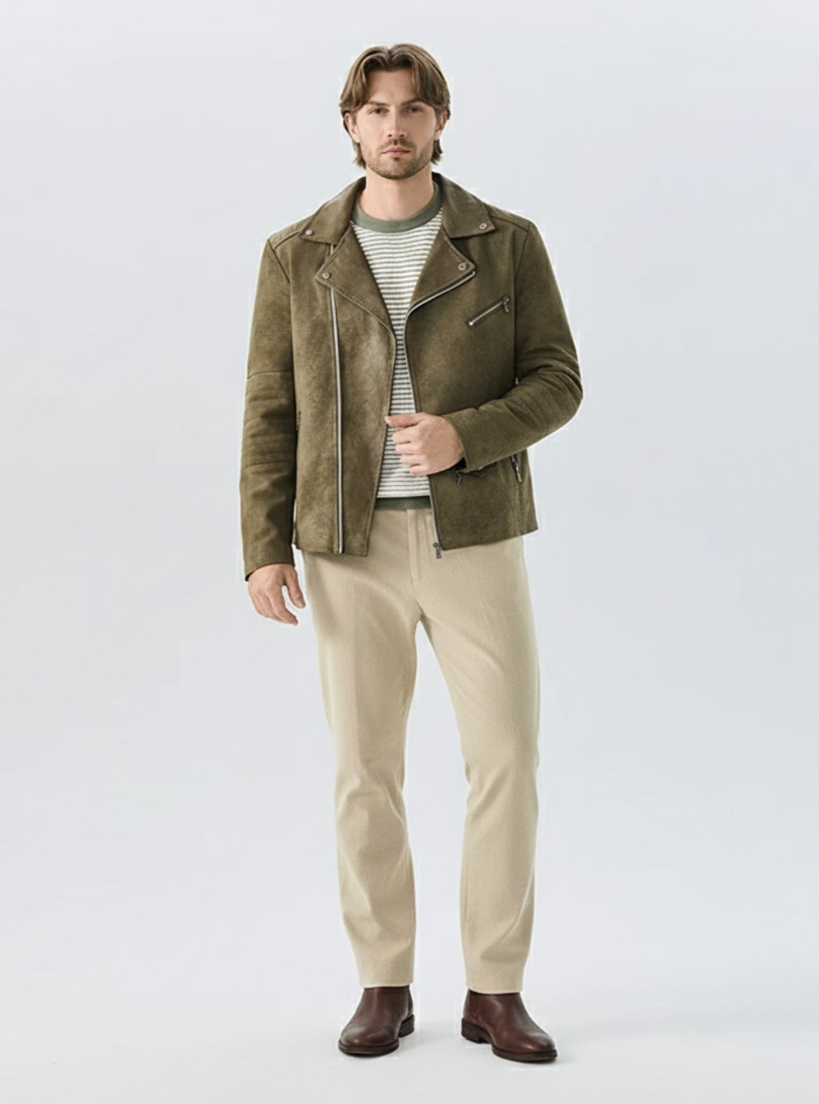 Man wearing a green jacket, striped shirt, beige pants, and brown shoes on a white background