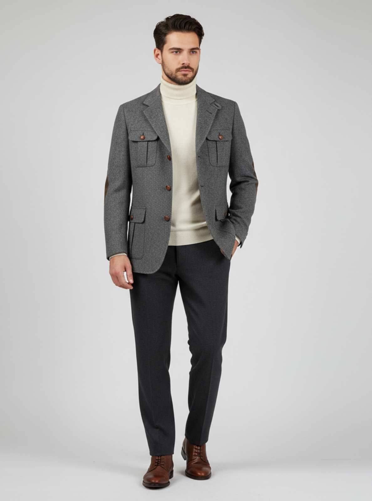 Man wearing a gray jacket, white sweater, black pants, and brown shoes on a light gray background