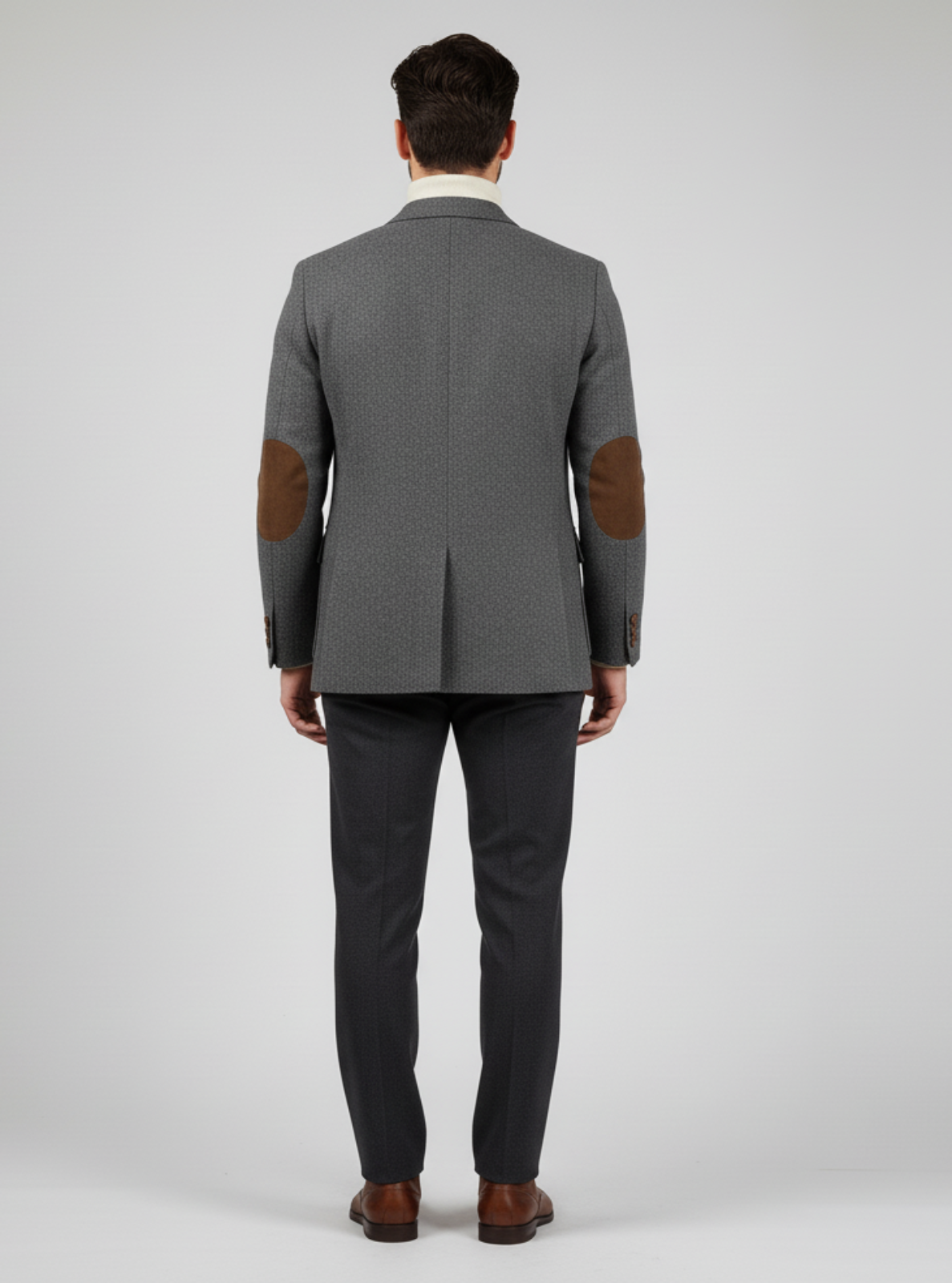 Gray suit with brown elbow patches on a white background