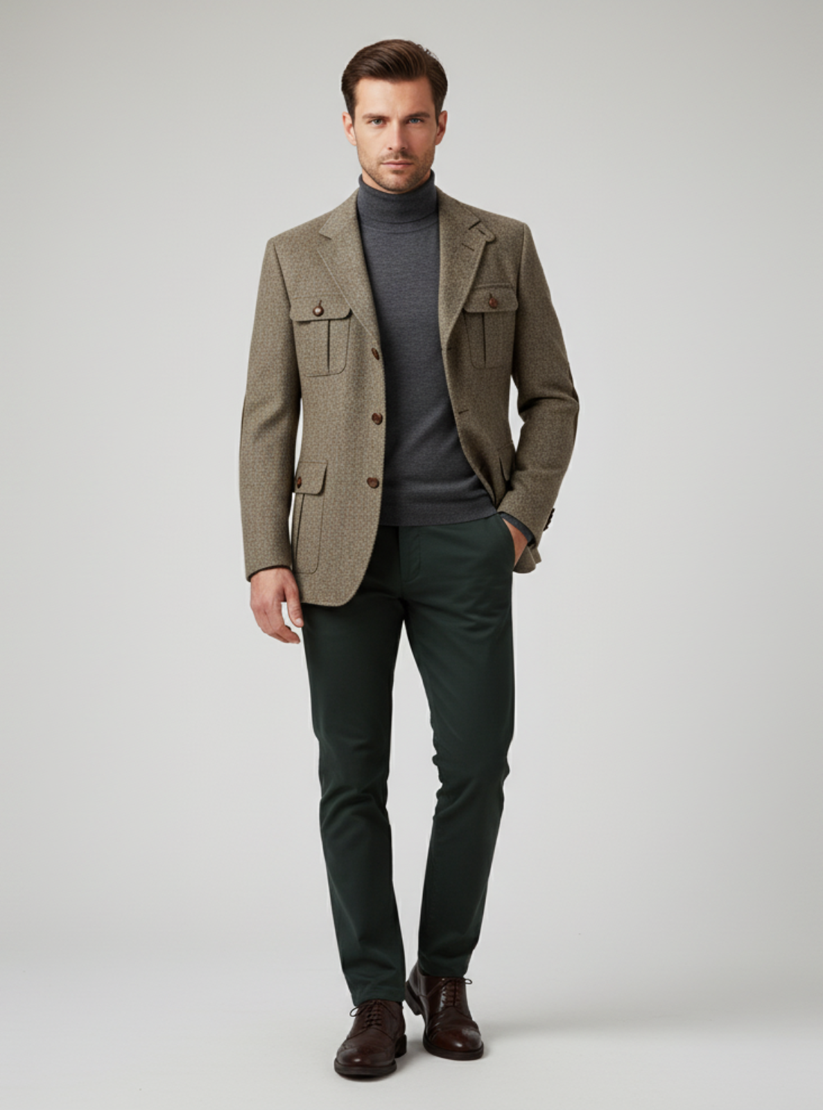 Man wearing a brown coat, gray turtleneck, dark pants, and brown shoes on a light gray background