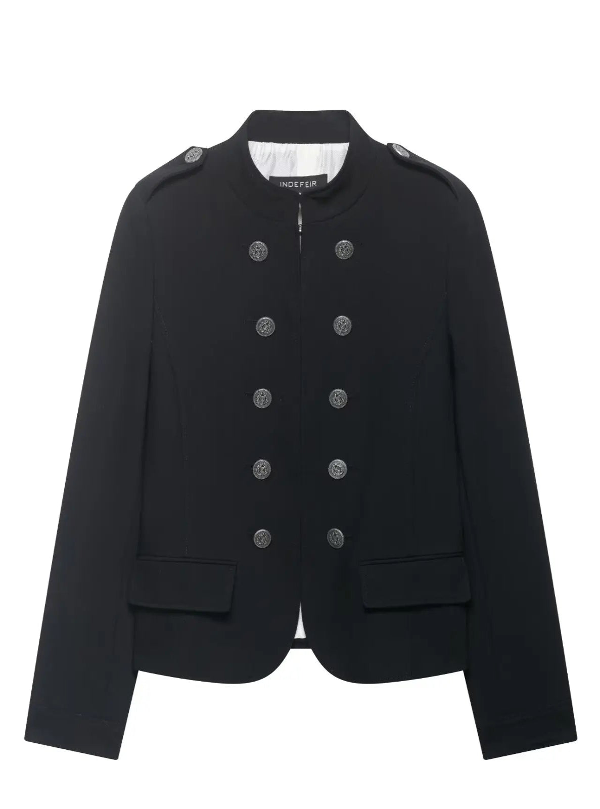 Black jacket with silver buttons on a white background