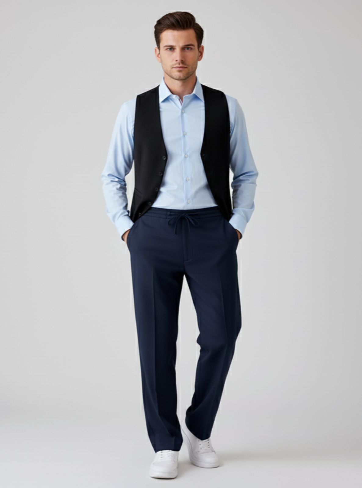 Man wearing a light blue shirt, black vest, and dark blue pants on a white background