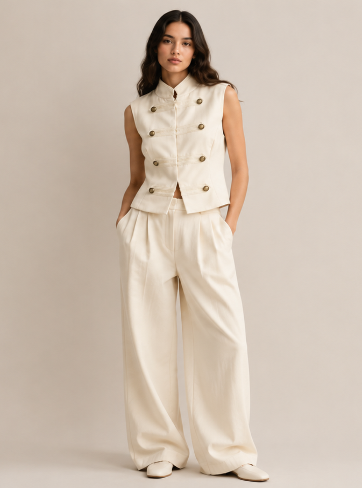 A woman stands against a plain warm beige studio background wearing a cream sleeveless double-breasted vest with gold buttons and matching cream wide-leg trousers.