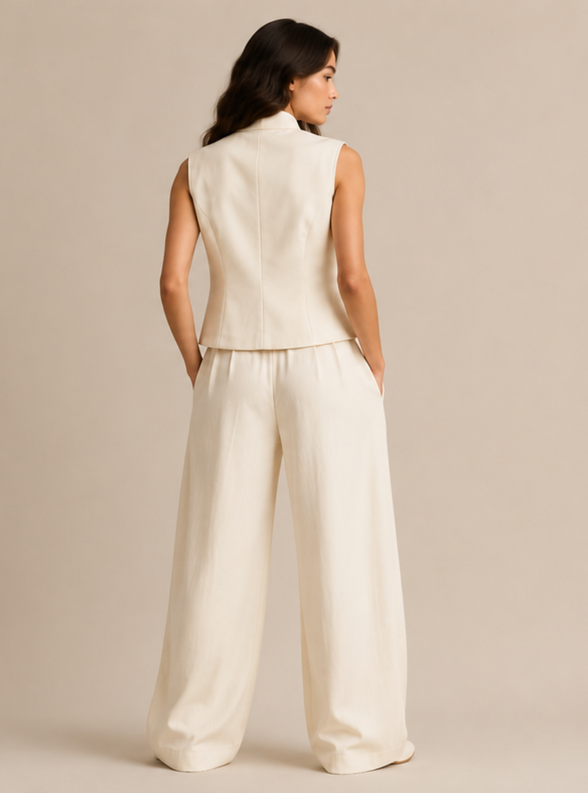 A woman stands with her back to the camera wearing a sleeveless cream vest and matching wide-leg trousers against a plain beige studio background.