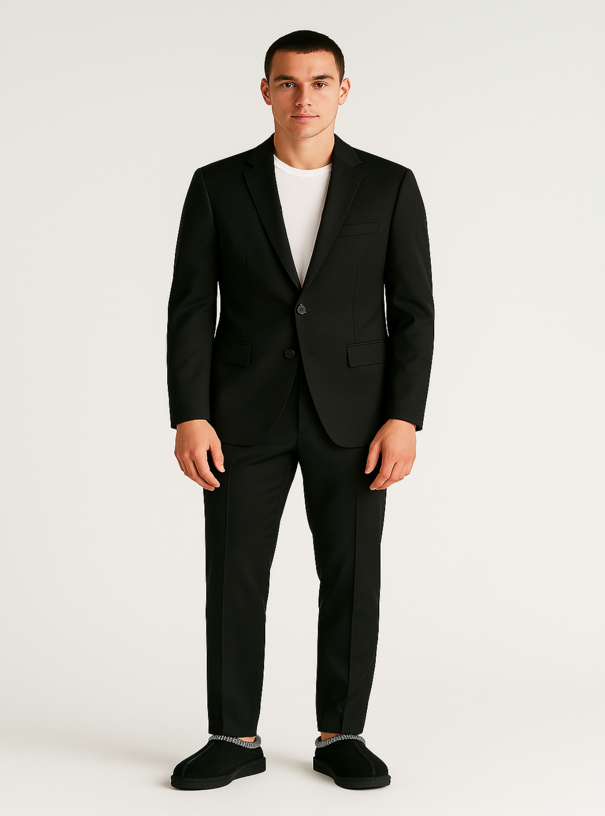 Man wearing a black suit with a white shirt on a white background