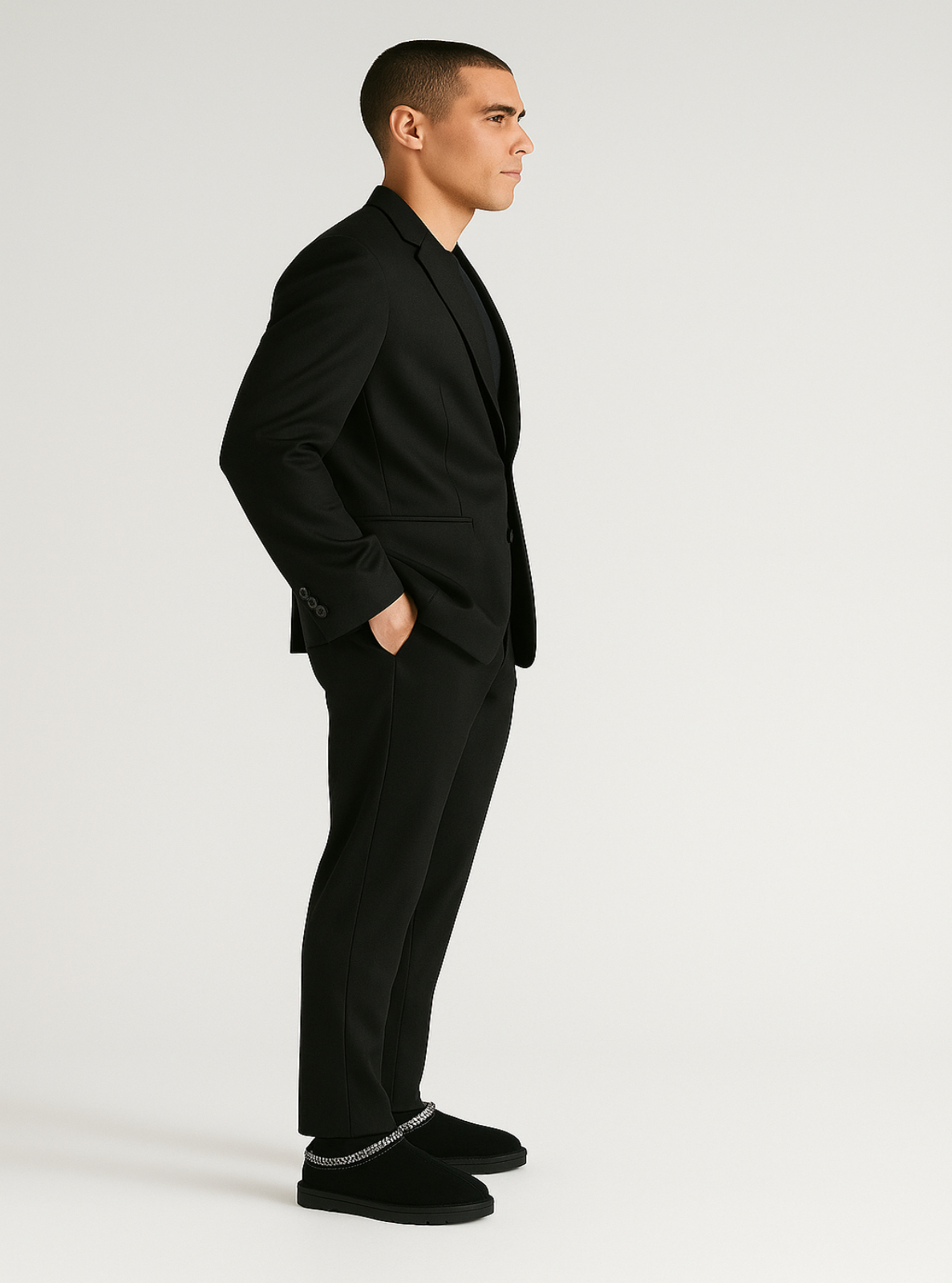 Man wearing a black suit with silver trim on a white background