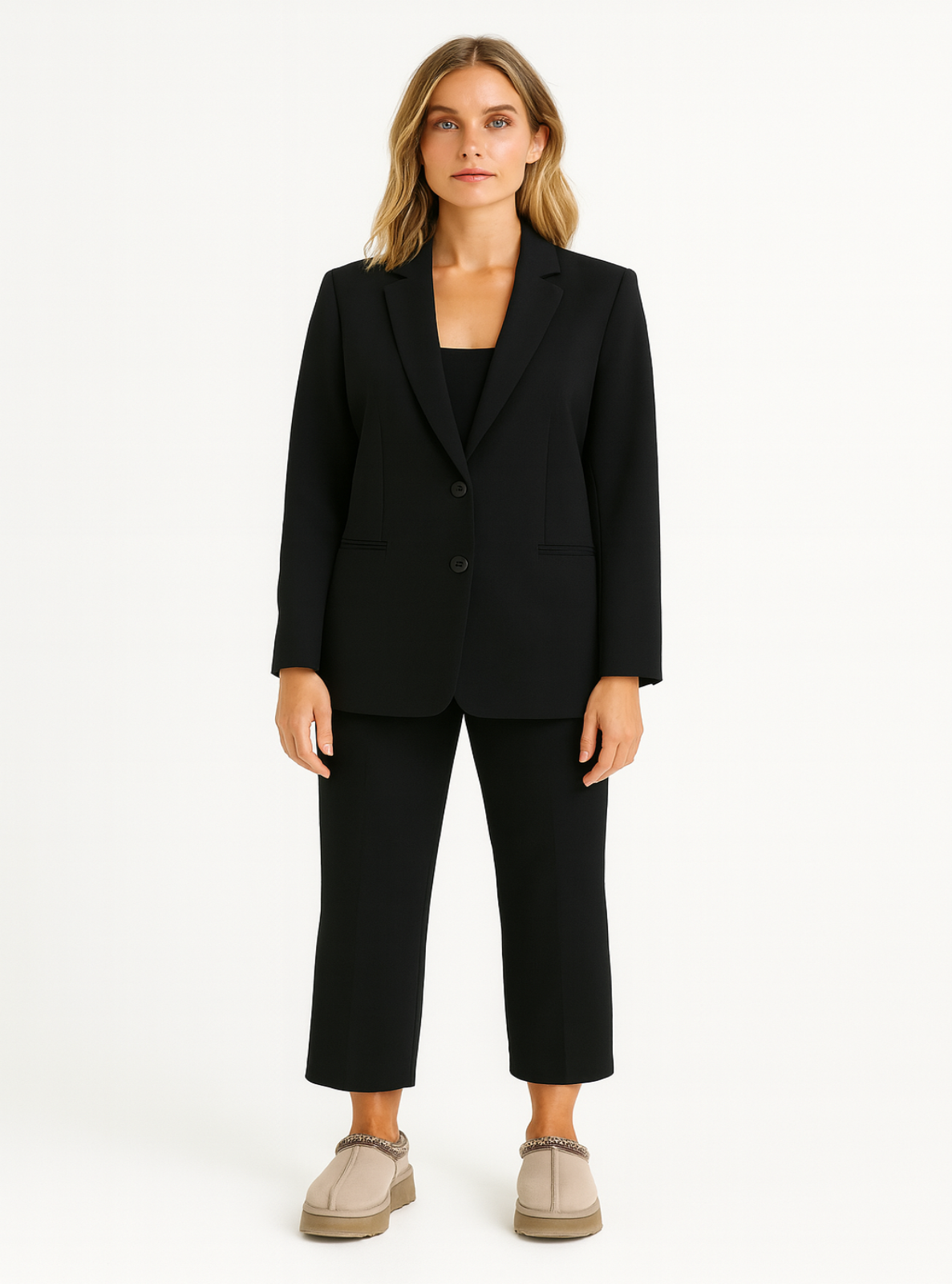 Woman wearing a black suit with beige shoes on a white background