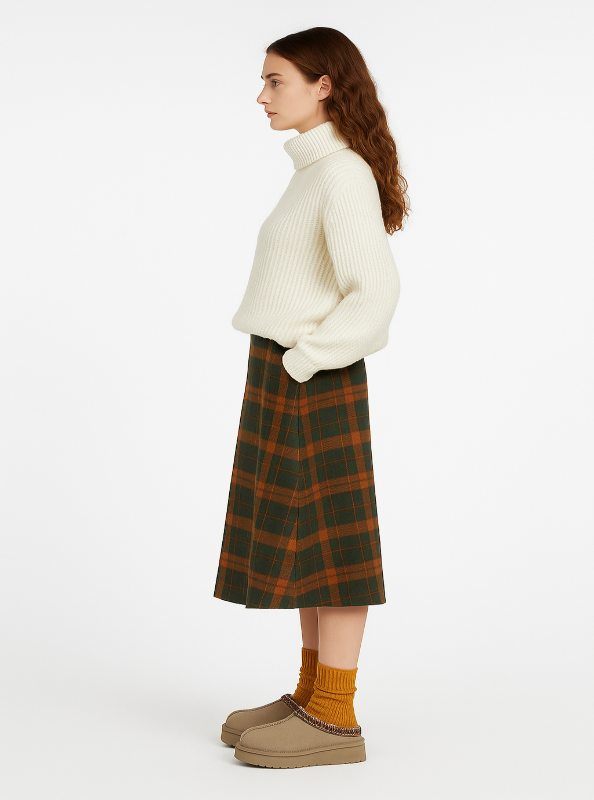 Woman wearing a white turtleneck sweater, plaid skirt, and brown shoes on a white background
