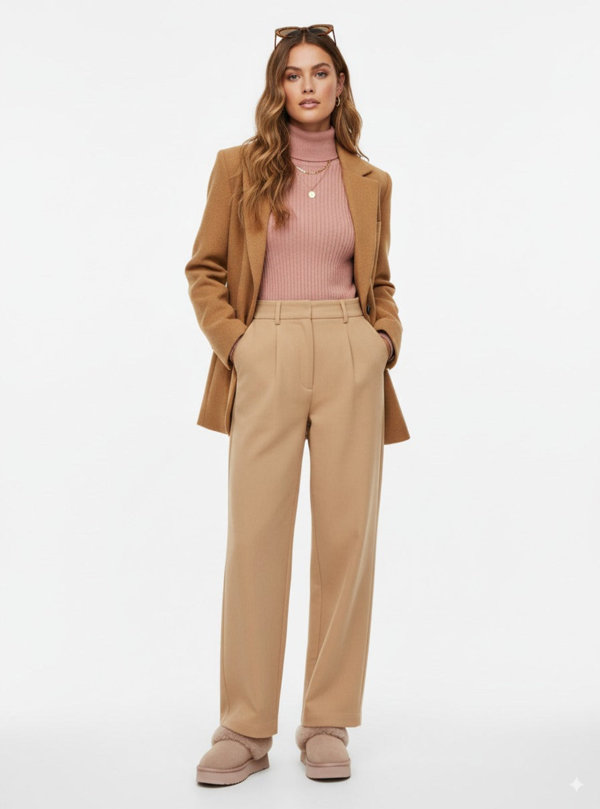 Woman wearing a beige suit with a pink top on a white background