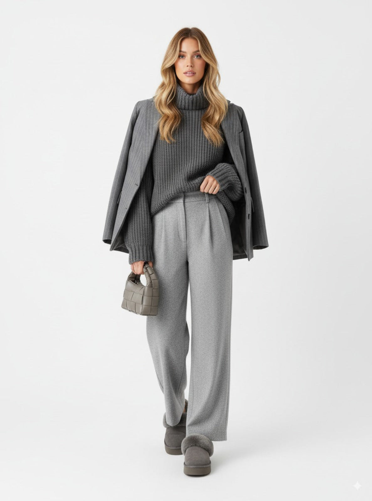 Woman wearing a gray outfit with a coat, sweater, and pants on a white background