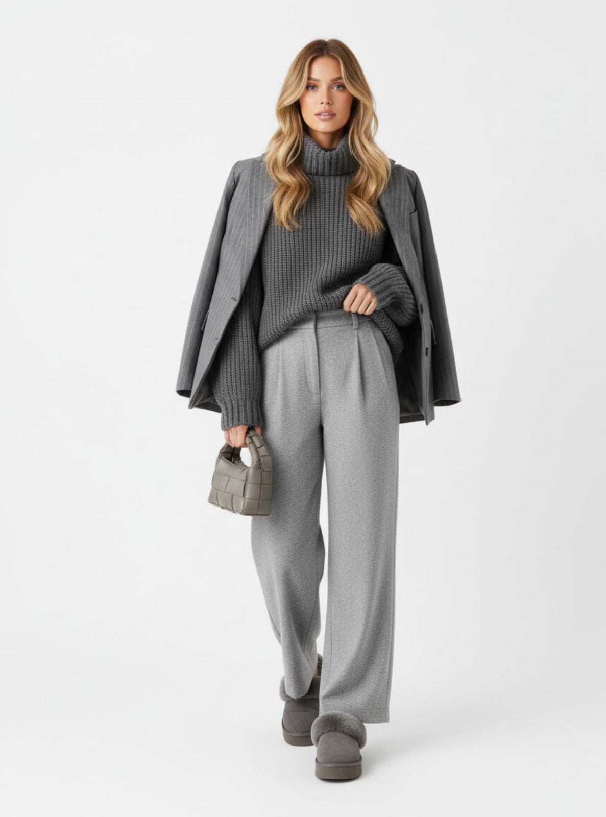 Woman wearing a gray outfit with a coat, sweater, and pants on a white background