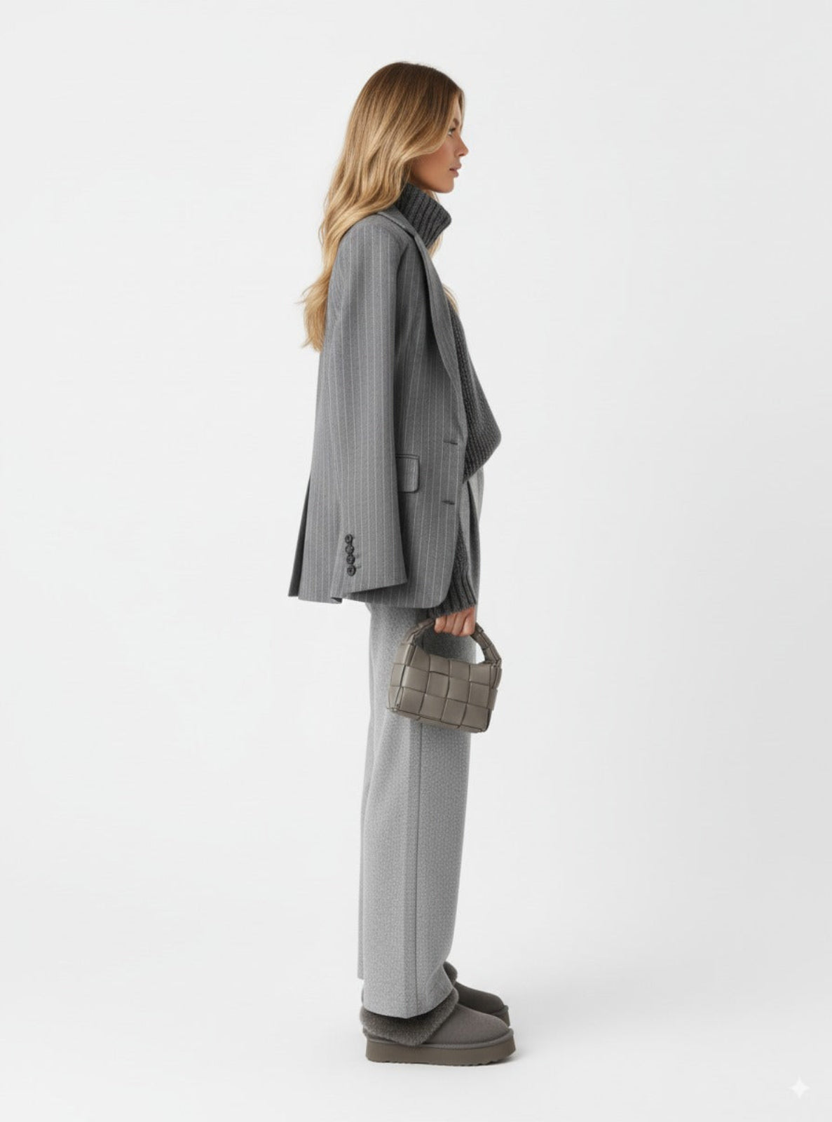 Woman wearing a gray suit with a matching handbag on a white background