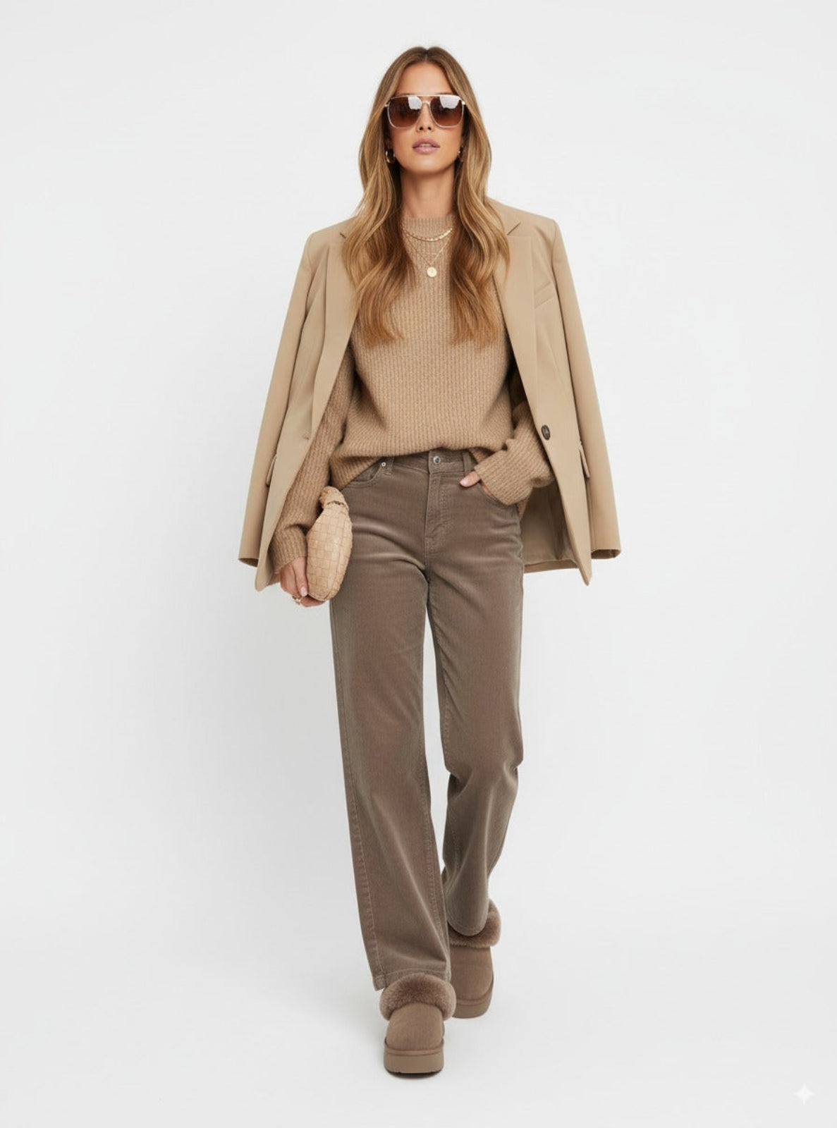 Woman wearing a beige blazer, sweater, and pants with sunglasses on a white background