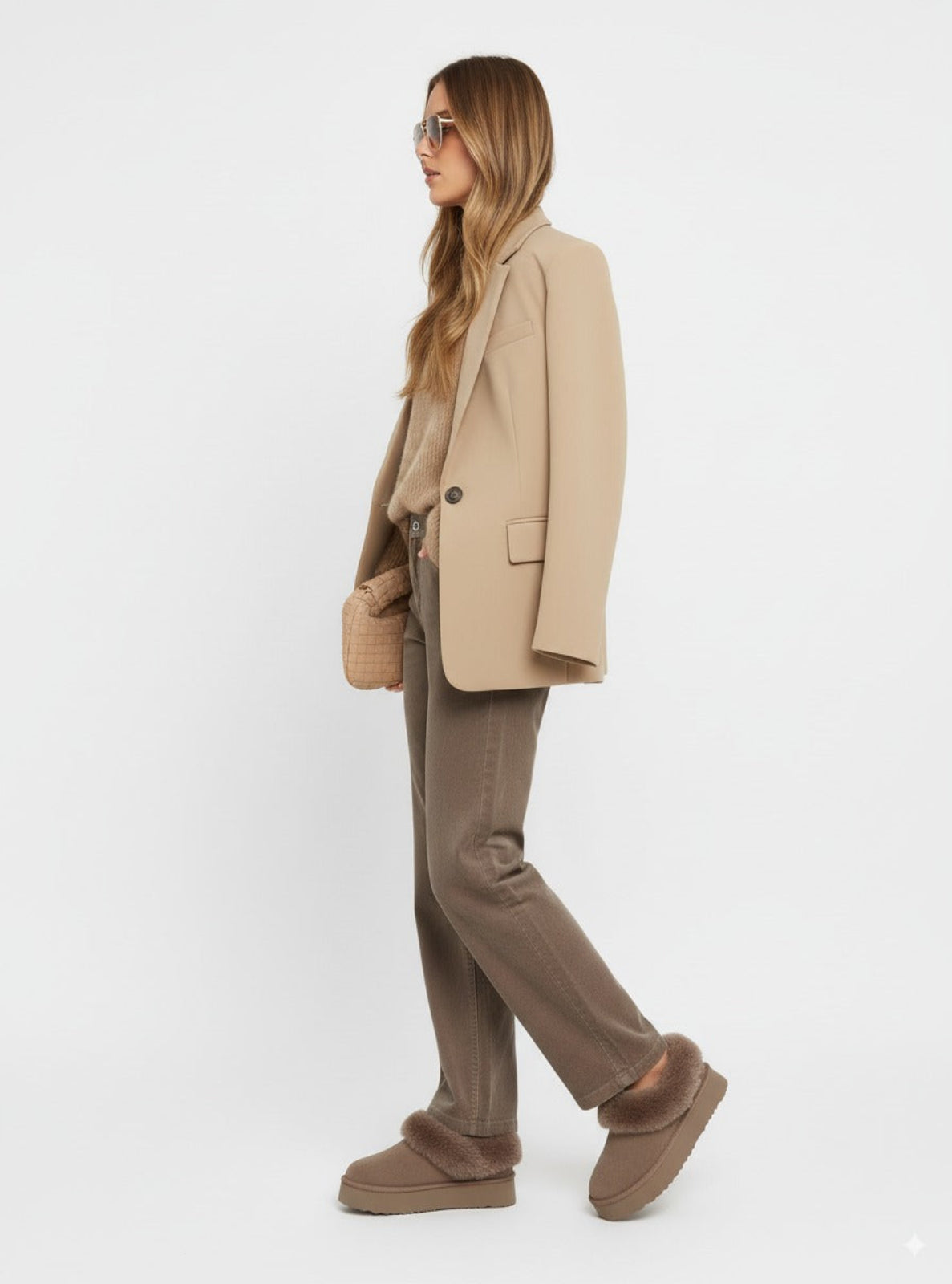 Woman wearing a beige suit with brown shoes on a white background