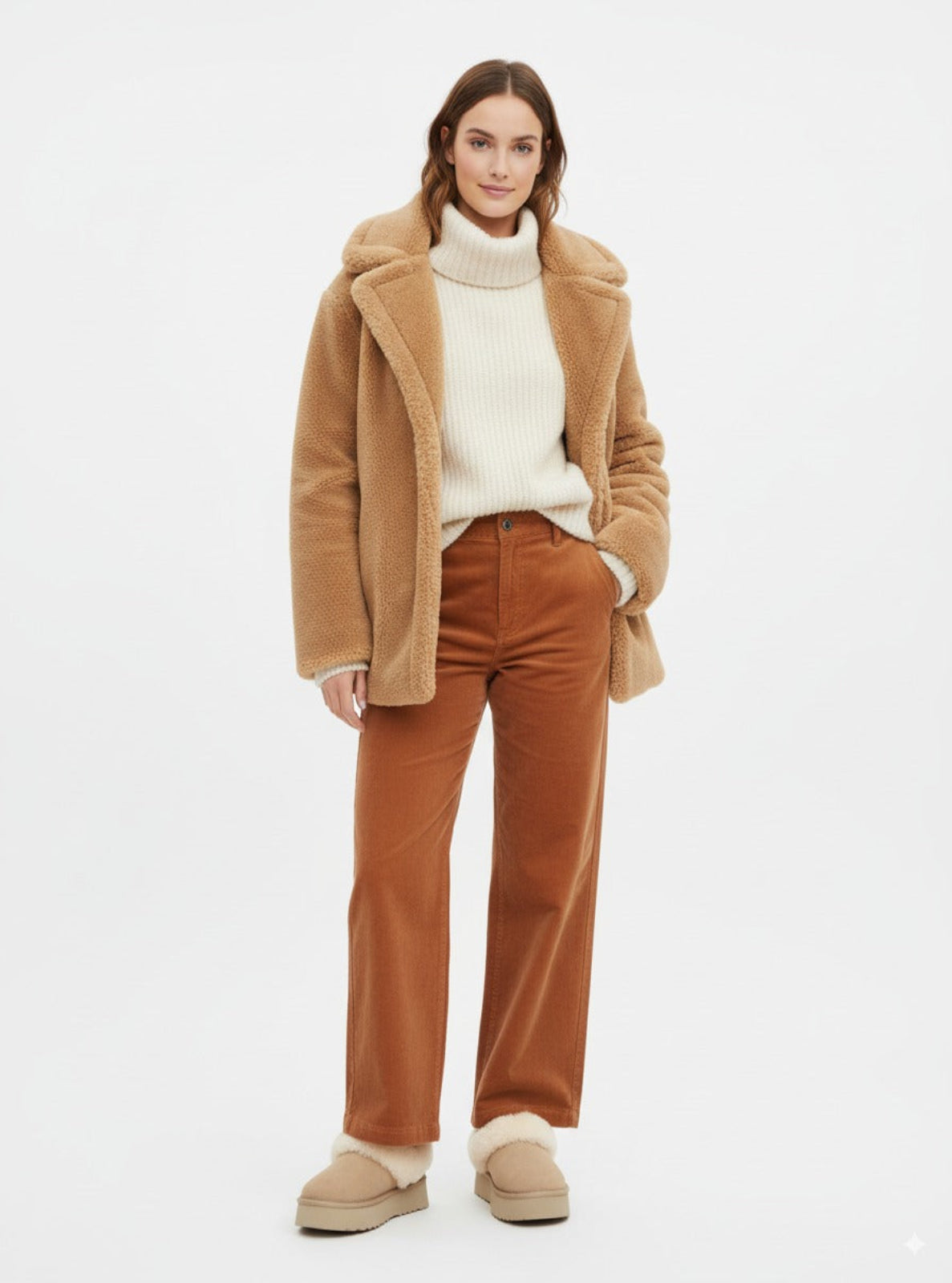 Woman wearing a brown coat, white sweater, and brown pants on a white background