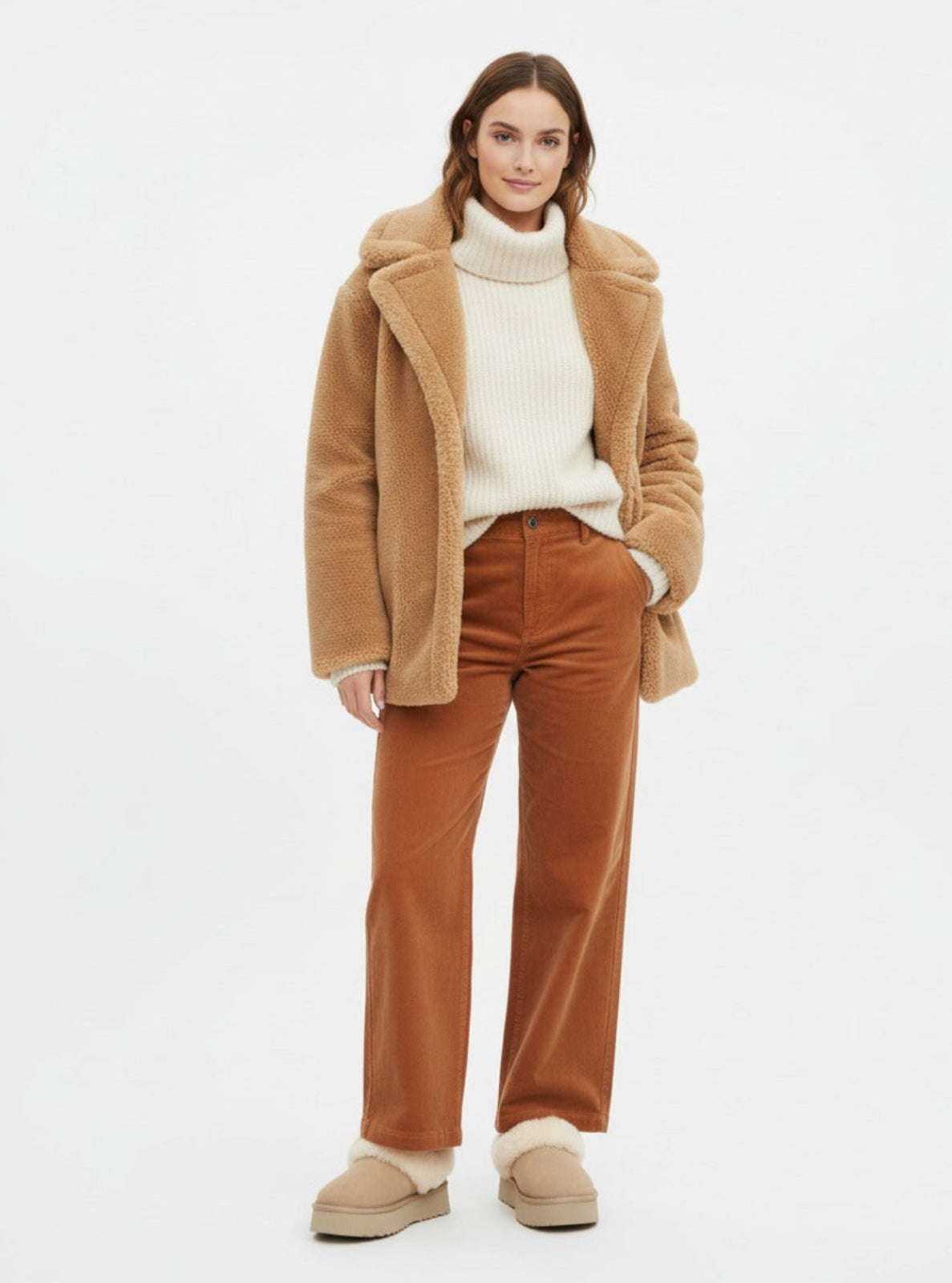 Woman wearing a brown coat, white sweater, and brown pants on a white background
