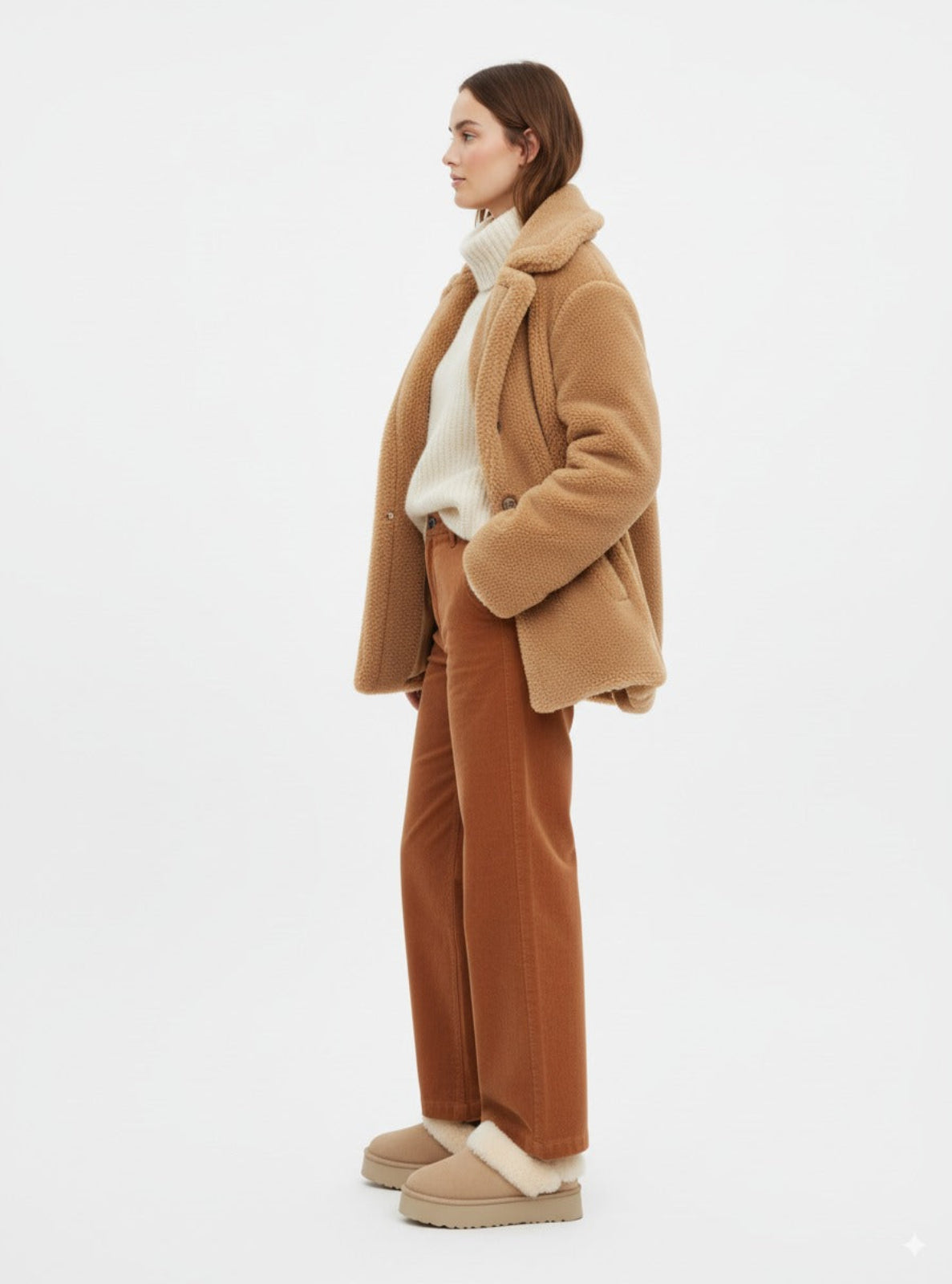 Woman wearing a brown coat, white sweater, and brown pants on a white background