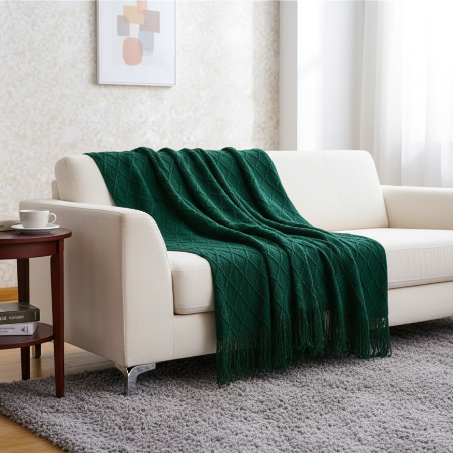 Green blanket draped over a white sofa in a living room setting.