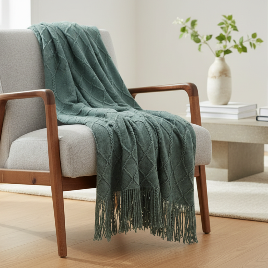 Green blanket draped over a wooden armchair in a bright living room.