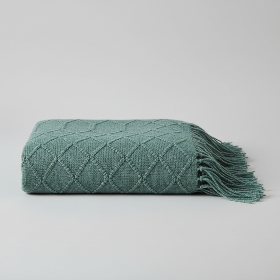 Teal knitted blanket with fringes on a light gray background