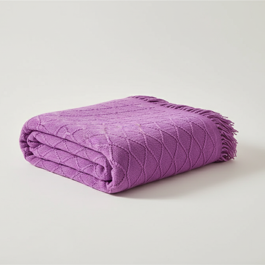 Folded purple blanket on a light gray background
