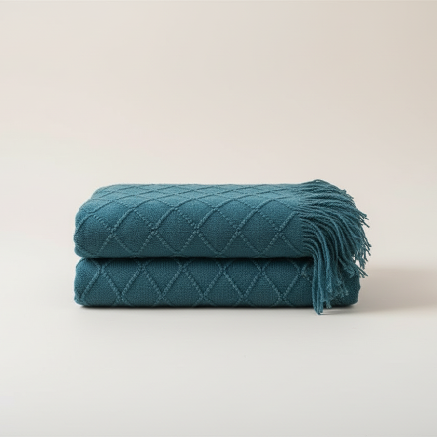 Teal quilted blanket with frayed edges on a light beige background