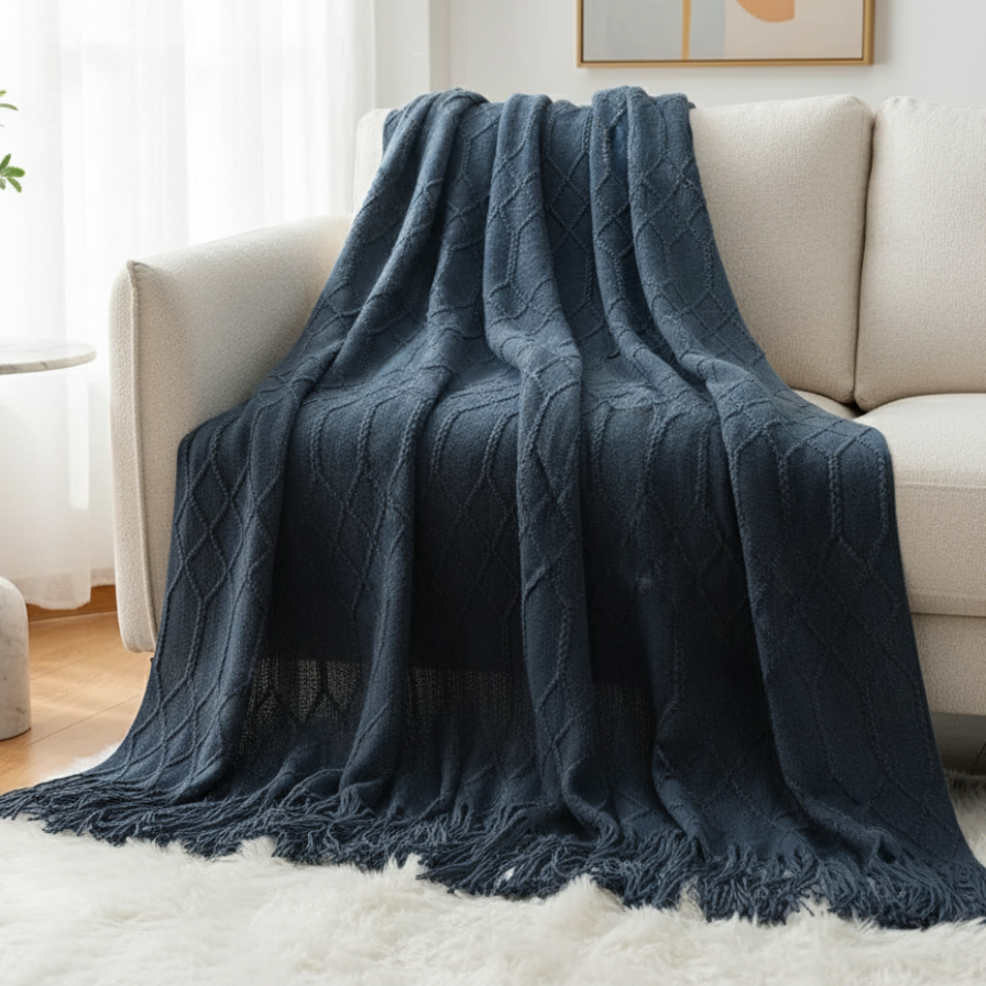 Blue blanket draped over a beige sofa in a living room setting.