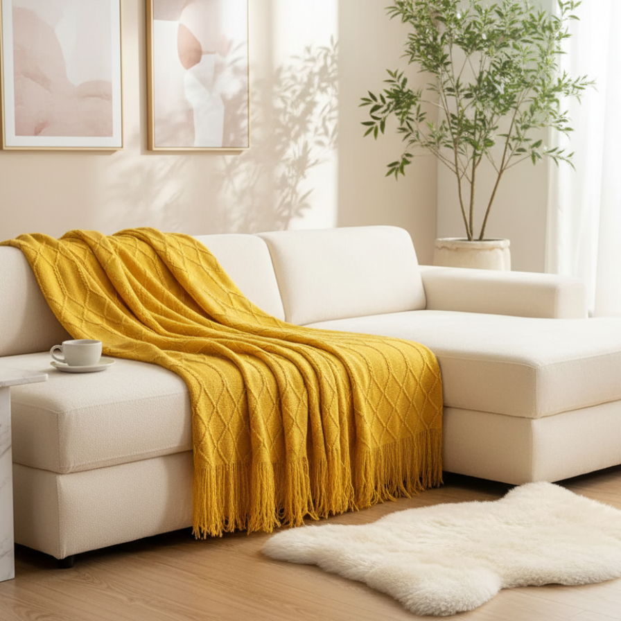 White sofa with a yellow blanket in a bright living room