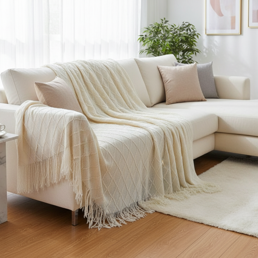 Beige sectional sofa with a blanket draped over it in a living room setting.