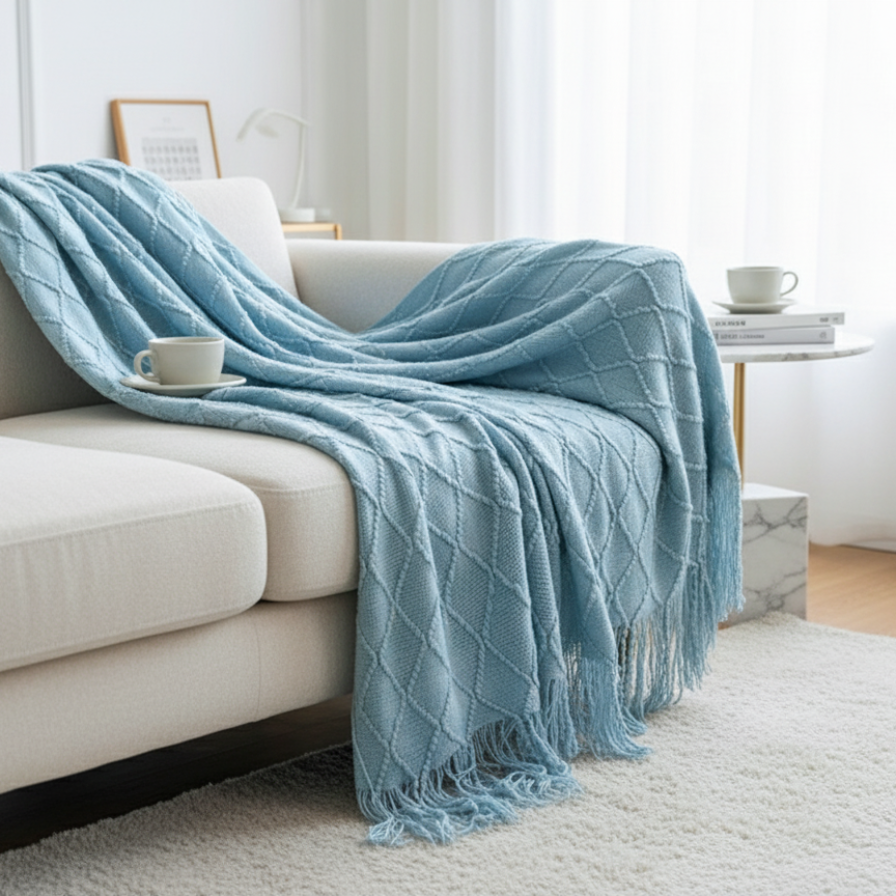 Light blue throw blanket draped over a white sofa in a living room.