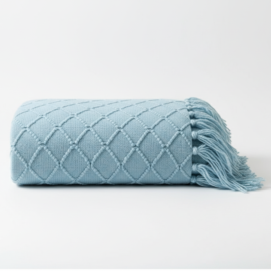 Light blue quilted blanket with tassels on a white background