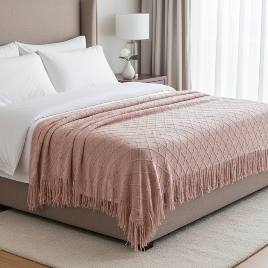 Bedroom with a bed featuring a pink blanket and white pillows, next to a nightstand with a lamp.