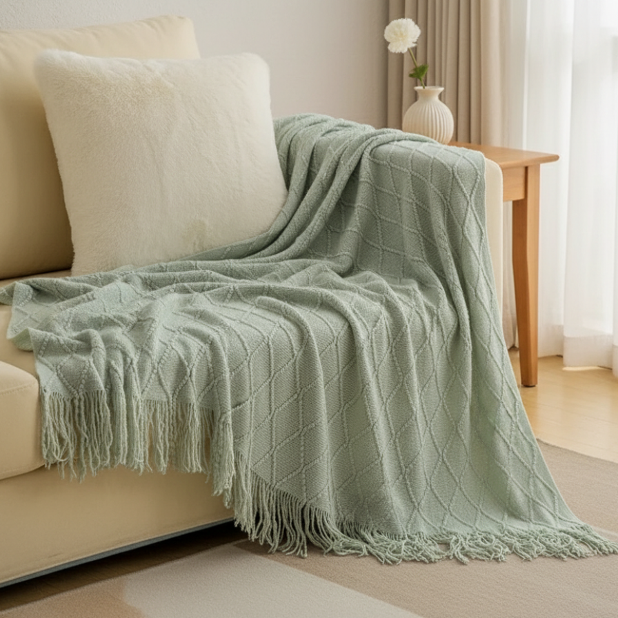 Light green throw blanket draped over a beige sofa in a living room with curtains and a table in the background.